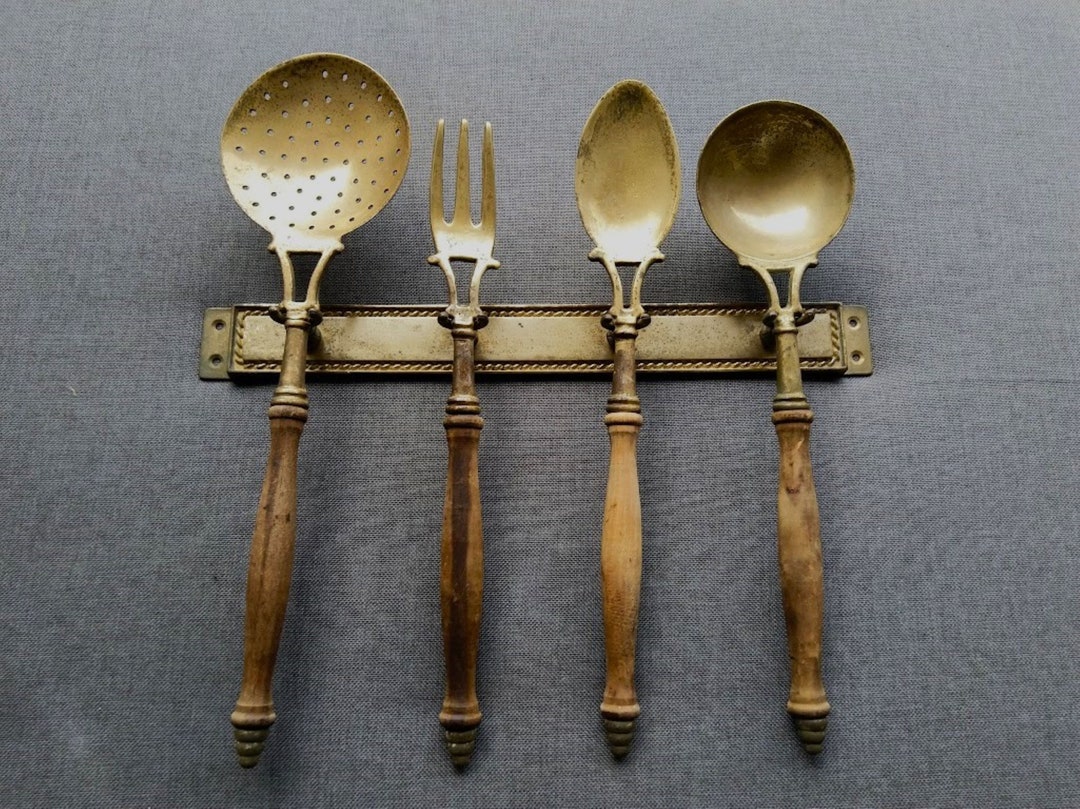 4 Vintage Brass Kitchen Utensils on Brass Wall Rack Vintage Etsy