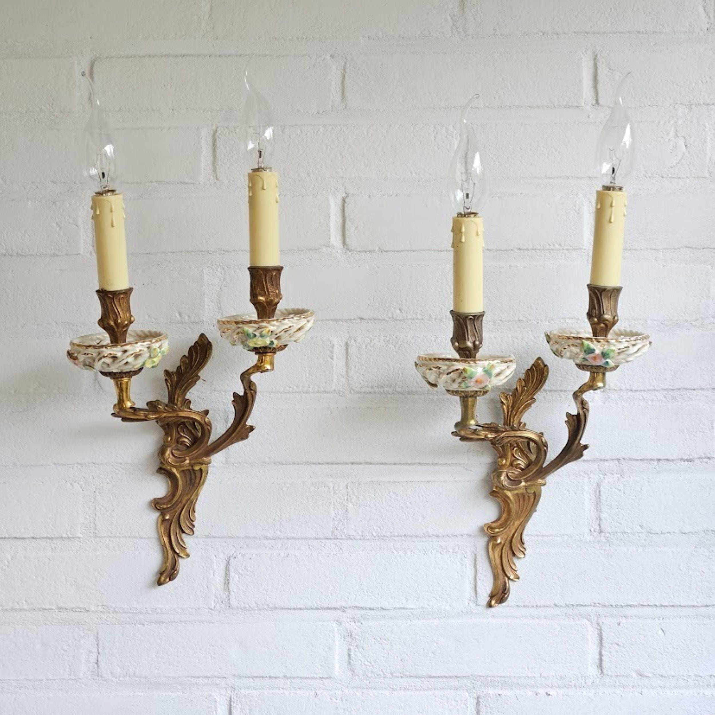Pair of double Rococo sconces wall gilded bronze and Capodimonte porcelain bobeches with hand painted flowers, optional cord, plug, switch