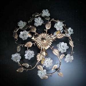 Italian flush mount ceiling light gold tole leaves and Murano glass flowers, flower chandelier 3 lights, bedroom light fixture.