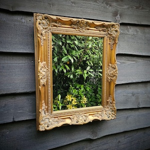 French Baroque framed rectangular wall mirror, ornate gold wood frame, faceted mirror, house warming gift