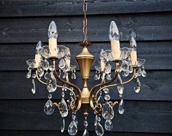 Brass chandelier crystals 6 arms, Hollywood Regency style crystal chandelier lighting