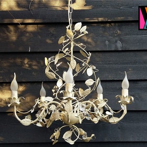 Italian white tole chandelier with leaves and crystals, cottage core decor, shabby chic chandelier, wedding chandelier