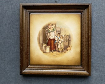 Framed tile wall art polychrome milkmaid and kids, Ceramic wall art, Cottage decoration, Kitchen wall art, Farm house decor