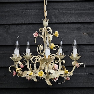 Italian tole chandelier flowers, Capodimonte porcelain roses pink and yellow, 5 bulbs, Toleware chandelier, Shabby chic chandelier lighting