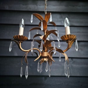 Italian tole chandelier gold with leaves and crystals 3 bulbs, Hollywood Regency chandelier, Mid Century chandelier