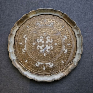 Italian Florentine round serving tray cream and gold hand painted and gilded wood tray, baroque/rococo tea board, coffee tray