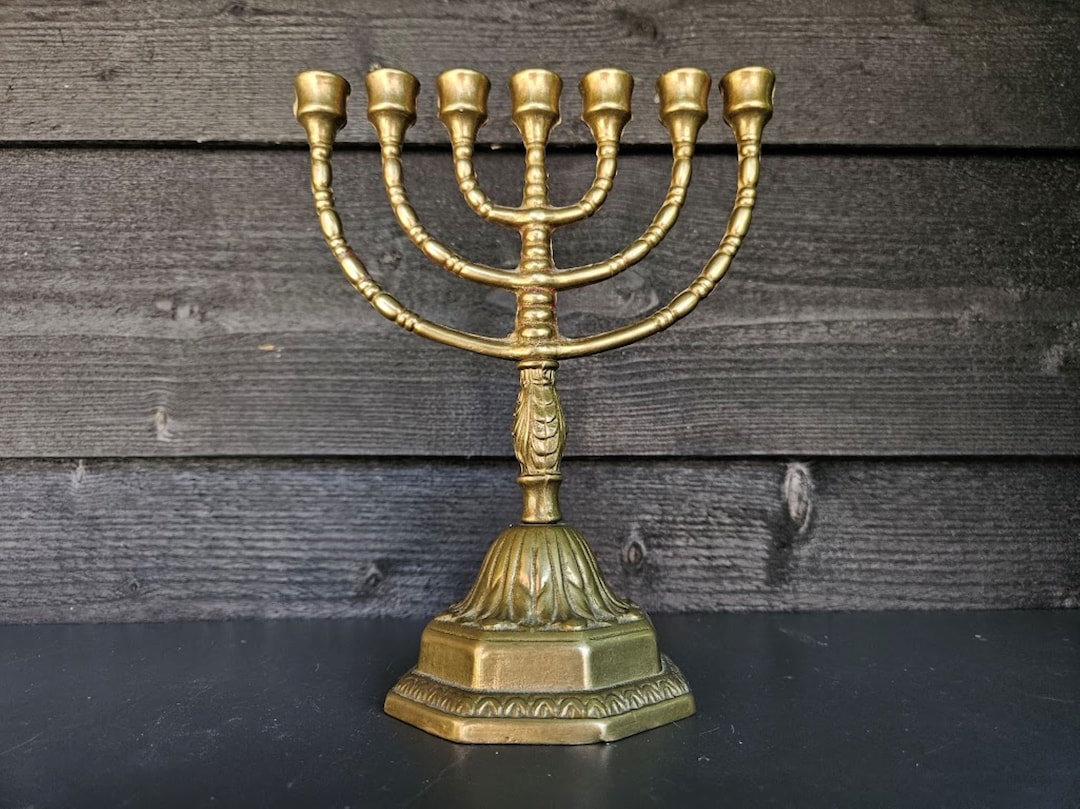 Vintage Gold Brass Menorah Candelabra 7 Candles, Jewish Candle Holder, Holy Land Gift, Hanukkah