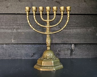 Vintage gold brass Menorah candelabra 7 candles, Jewish Candle Holder, Holy Land Gift, Hanukkah menorah
