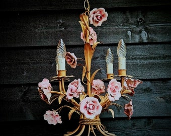 Italian gold tole chandelier big pink porcelain roses and leaves, 4 bulbs, Toleware chandelier, Flower chandelier, Girls room chandelier