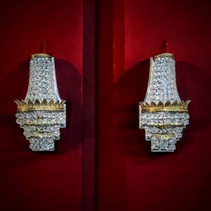 Pair of gold brass wall sconces light Swarovski crystals, French Empire Montgolfier, crystal basket wall lamps, optional cord, switch, plug