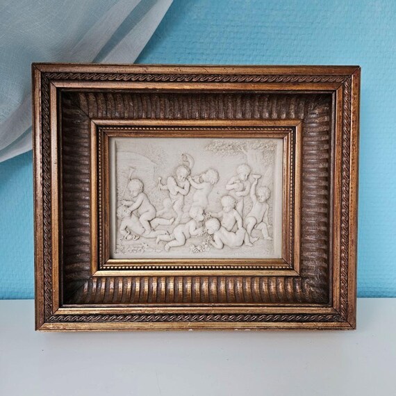 Antique wall art alabaster plaque bas-relief with wood frame, Cherub wall decor, Angels painting