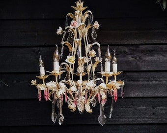 Antique white tole chandelier with porcelain roses, leaves and colorful Venetian crystals, Wedding chandelier