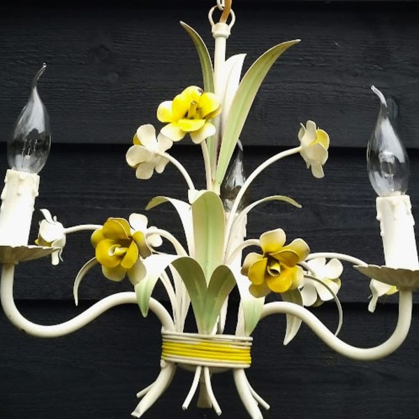 2xVintage French tole chandelier with yellow flowers and green leaves 3 arms, French flower chandelier, Girls room chandelier