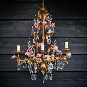 Italian gold tole chandelier porcelain roses, crystals and leaves, High ceiling toleware chandelier with crystals, Flower chandelier