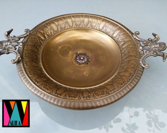 Antique brass tray Victorian tray Pedestal tray with bronze handles Vintage embossed brass pedestal bowl Pedestal Dish Antique decorative