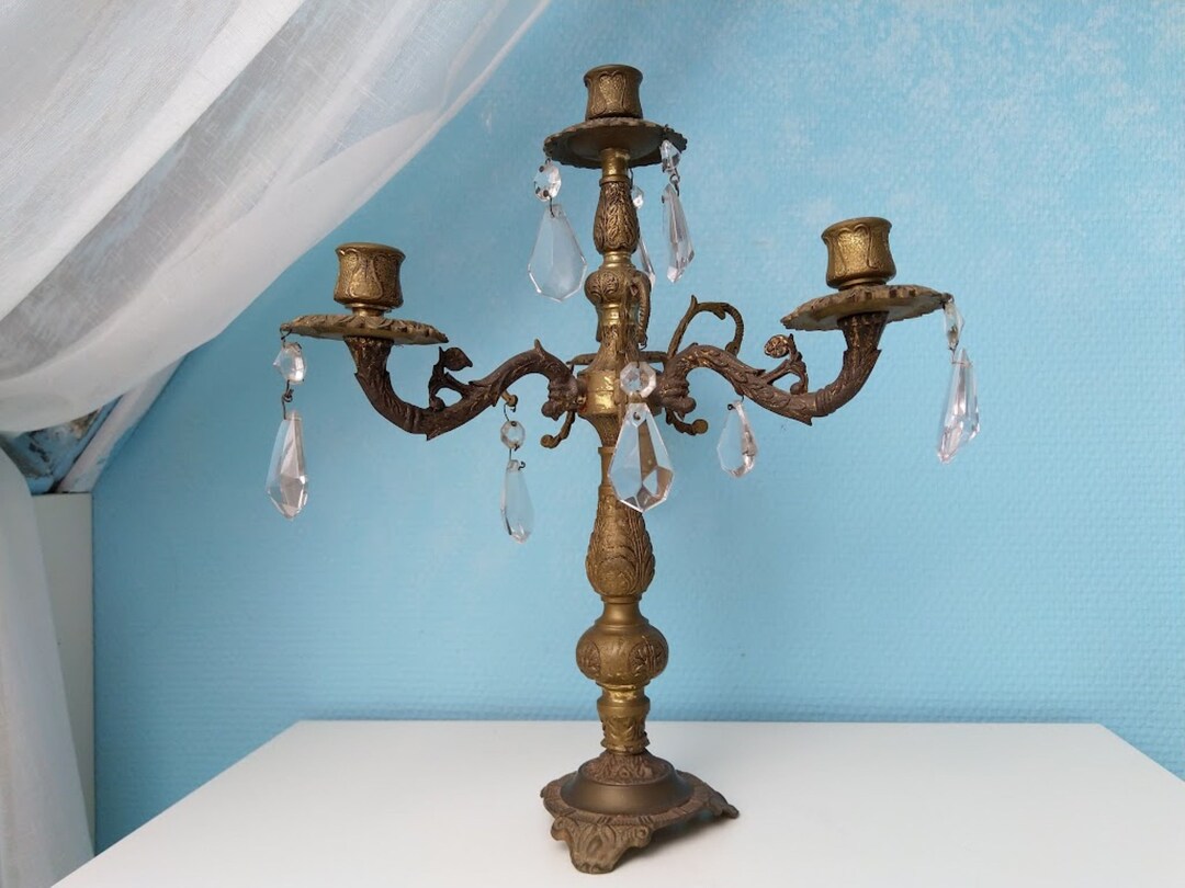Vintage Gold Candelabra With Crystals Centerpiece 3 Arms 4 Candles