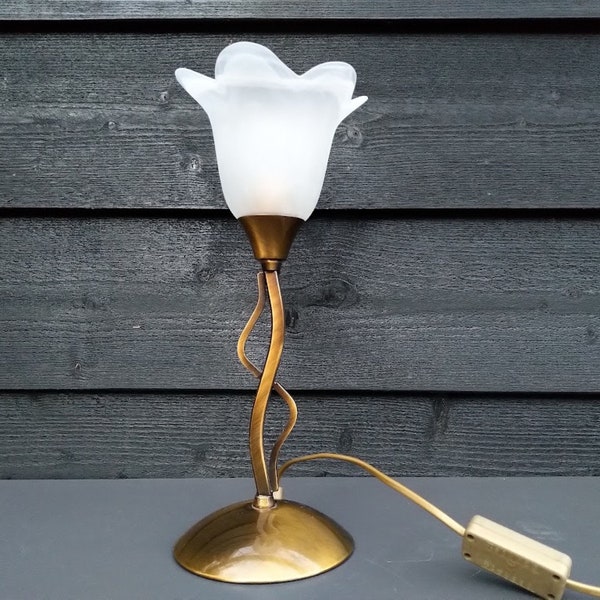 Italienische Tischlampe mit Milchglas Blumen Lampenschirm, Hollywood Regency Gold Lampe mit Kabel, Schalter und Stecker