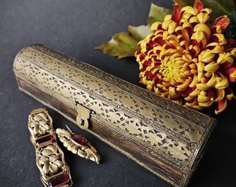 Long jewelry gift box from brass and dark wood, hobby box, desk box, treasure box, Christmas gift