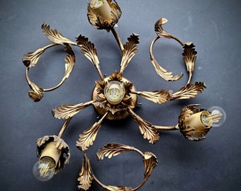 Flush mount ceiling light acanthus leaves, Gold Italian tole ceiling light 4bulbs, Hollywood Regency ceiling lamp