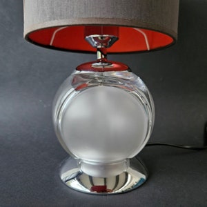 Glass globe table lamp with lampshade black and red, Mid century modern lamp made in Germany, cord, switch and plug