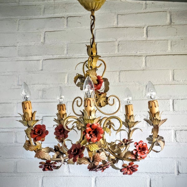 Tole chandelier cream with coral red flowers and acanthus leaves, 5 arms