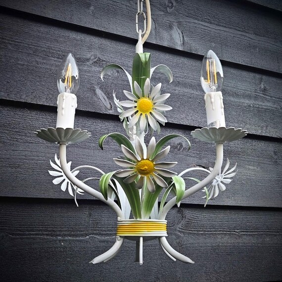 French tole flower chandelier lighting white daisies with green leaves 3 lights, girl bedroom chandelier, nursery chandelier