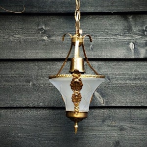 Pendant ceiling lamp lanern brass and etched frosted glass, hallway light
