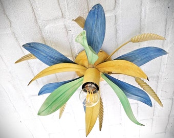 Plafonnier en tole français avec épis de blé et feuilles vert, jaune, bleu, plafonnier pour chambre d'enfant