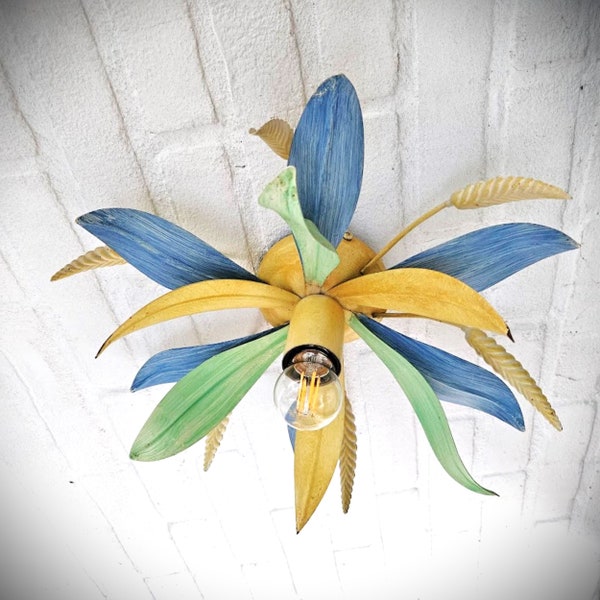 French tole flush mount ceiling light with ears of wheat and leaves green, yellow, blue,  kids room ceiling light