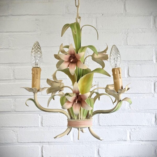 French tole chandelier pink lilies with green leaves 3 arms, French brocante flower chandelier, nursery or girl room chandelier
