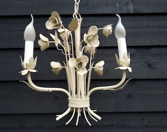 French tole chandelier white roses 3 arms, flower chandelier brocante, girl room chandelier, shabby chic chandelier