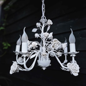 White tole chandelier porcelain roses and leaves 5 bulbs, Toleware high ceiling chandelier, Porcelain flowers chandelier, Wedding chandelier