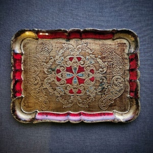 Italian Florentine rectangular serving tray red and gold hand painted and gilded wood tray , baroque/rococo tea board, small coffee tray