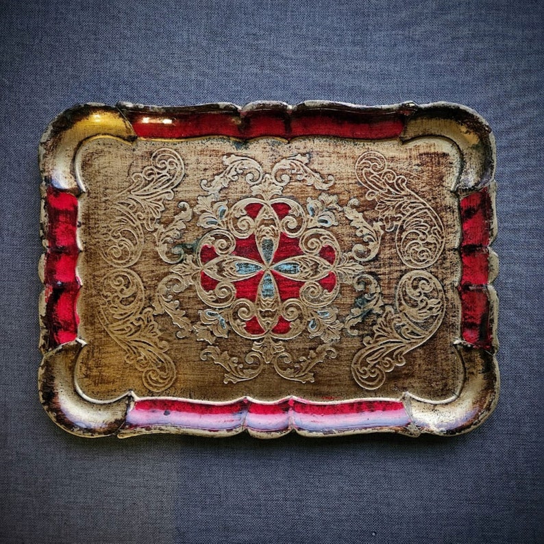 Italian Florentine Rectangular Serving Tray Red and Gold Hand Painted ...