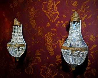 Pair of crystal wall sconces light French  Empire style Montgolfier, crystal basket sconces,crystal  wall lamps with optional cord and plug
