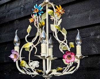 French tole chandelier flowers 4 bulbs, white cage with pink, blue, purple, yellow flowers and green leaves, Girl's room /nursery chandelier