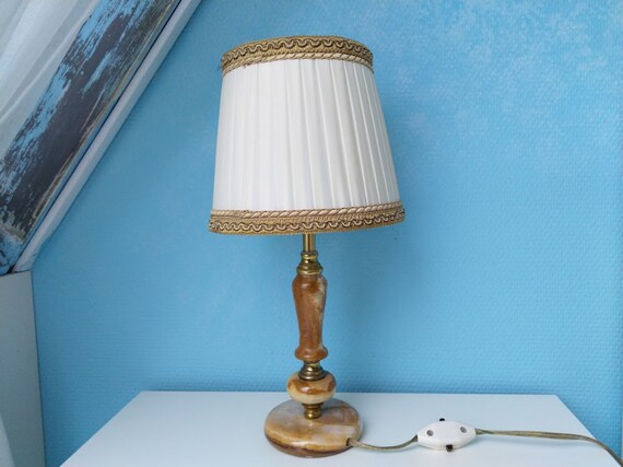 Vintage onyx table lamp brown with gold accents with lampshade ivory and gold, cord, plug in and switch, Home decor gift