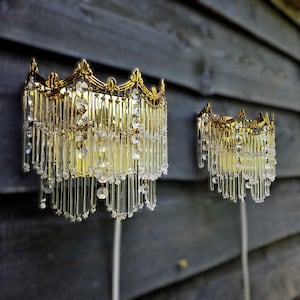 Pair of gold brass sconces with crystals, Wall sconces light Empire style, long cylinder crystals wall lamps with cord switch and plug