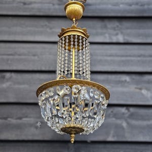 French Empire gold chandelier crystals and beads 3 lights, Crystal basket chandelier light, Crystal ceiling light