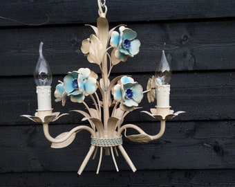 French white tole chandelier blue flowers  3 arms, flower chandelier brocante, girl room chandelier, nursery chandelier