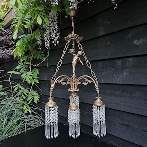 Antique cherub angel chandelier light from bronze with crystals 4 lights, Unique chandelier