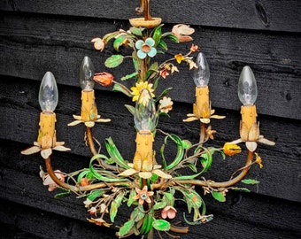 Italian tole chandelier with multicolored metal flowers and green leaves 5 arms by CIANI