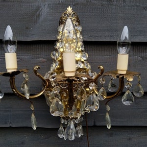 Large crystal wall sconce French Empire style Montgolfier 3 arms, vintage french wall light, crystal and brass wall lamp