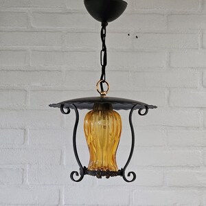 Rustic ceiling light amber glass and wrought iron black and gold, Farmhouse lantern light one bulb