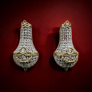 ONE French Empire Montgolfier wall sconce 18&quot; height, beaded basket sconce crystals and brass bows, crystal wall lamp