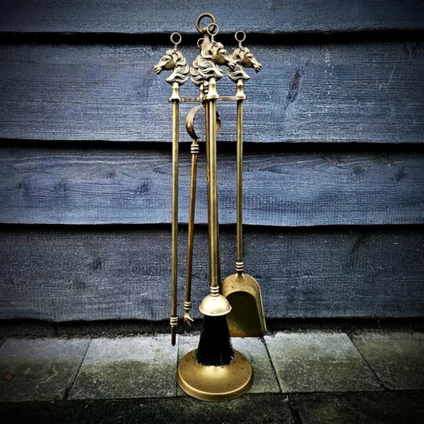 Vintage brass fireplace tools set horses, Companion set, horse lover gift, Brass fireplace tools with stand: Shovel, Scraper, Poker, Brush