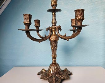 Antique Victorian gold candelabra brass 5 candles, Old Gothic candle holder, Fireplace candelabra, Candlestick holder