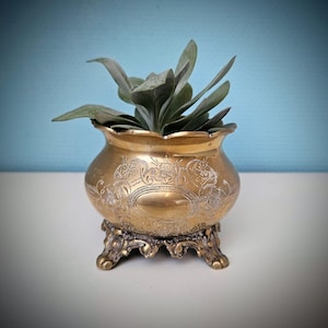 Small antique footed planter for succulents/cactus silver plated brass, English plant lover gift, Small gold plant pot