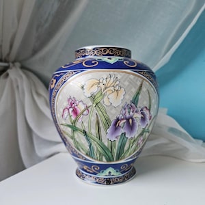 Japanese porcelain vase blue with iris flowers, Flower lover gift, Japanese gift, New home gift