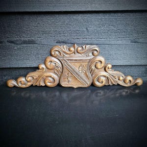 Antique French pediment carved wood for door,bed,closet, Carved wood fronton heraldic shield, Architectural salvage wood decor